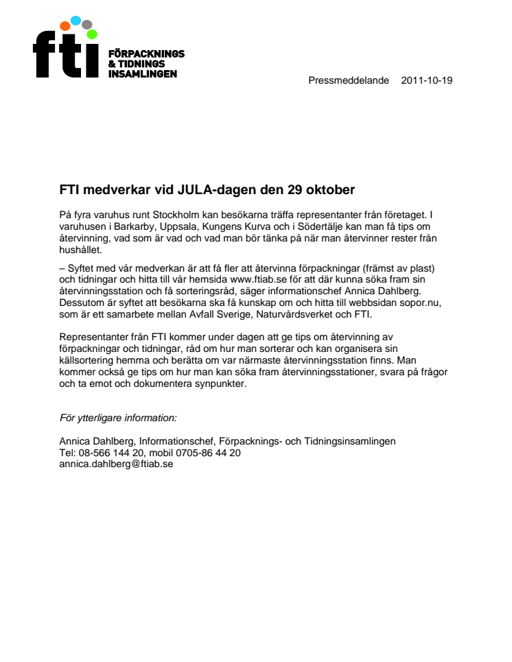 FTI medverkar vid JULA-dagen den 29 oktober