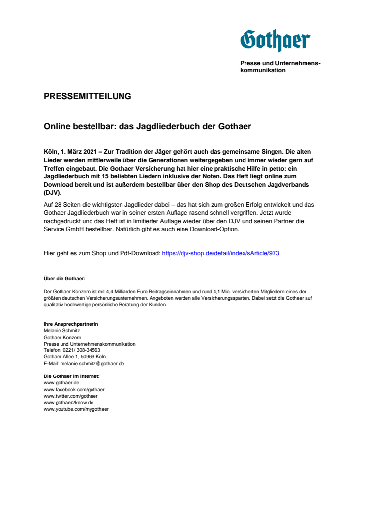 Online bestellbar: das Jagdliederbuch der Gothaer