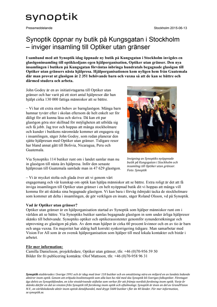 Synoptik öppnar ny butik på Kungsgatan i Stockholm – inviger insamling till Optiker utan gränser