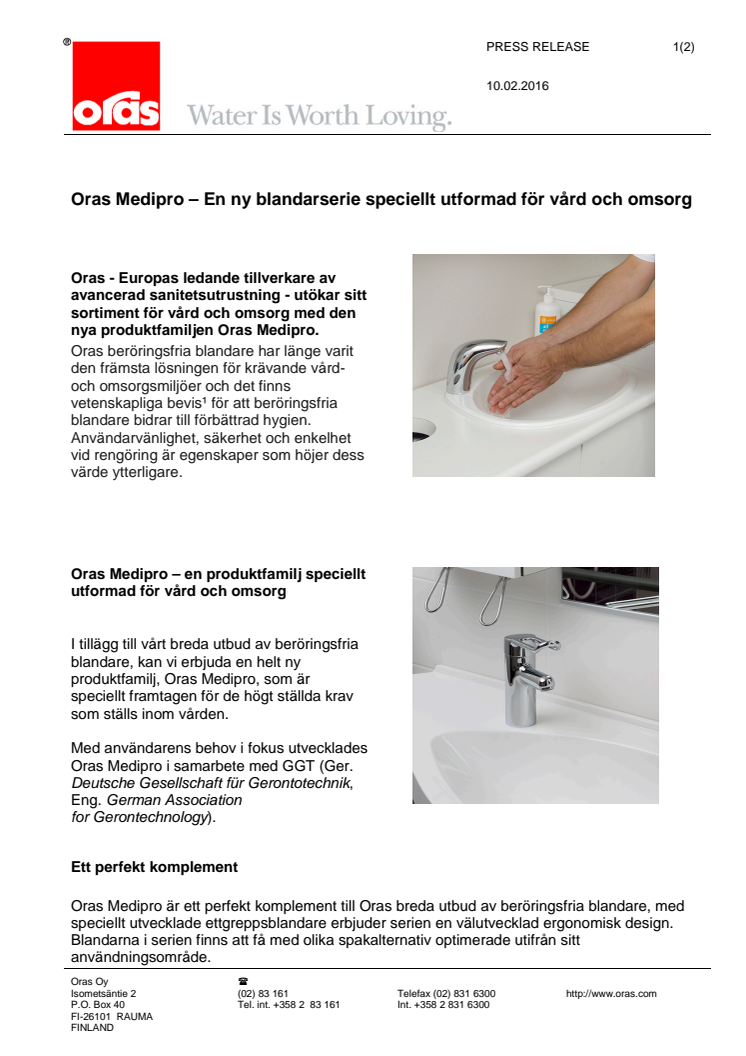 Oras Medipro – En ny blandarserie speciellt utformad för vård och omsorg 