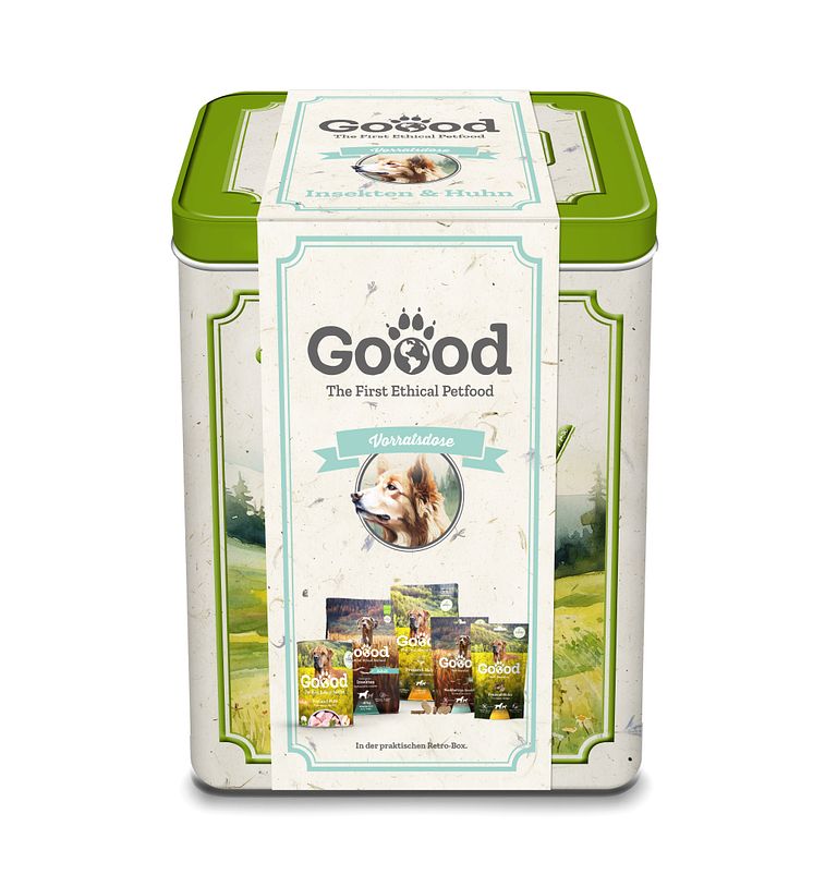 Goood Petfood Retro Vorratsdose Banderole Insekten & Freiland-Huhn