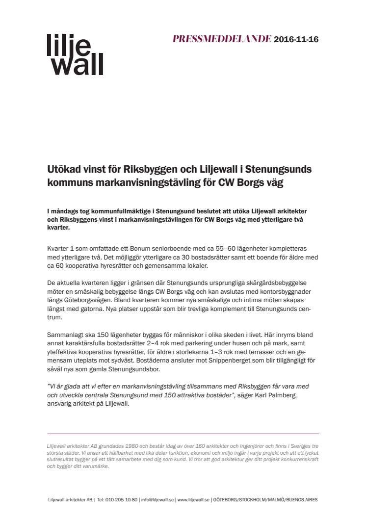 Utökad vinst för Riksbyggen och Liljewall i Stenungsunds kommuns markanvisningstävling för CW Borgs väg