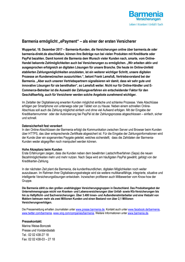 Barmenia ermöglicht „ePayment“ – als einer der ersten Versicherer