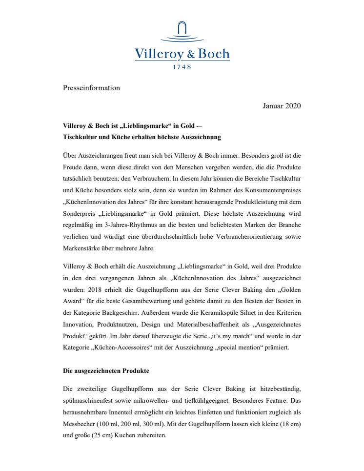 Villeroy & Boch ist „Lieblingsmarke“ in Gold – Tischkultur und Küche erhalten höchste Auszeichnung 
