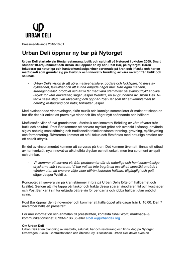 Urban Deli öppnar ny bar på Nytorget 