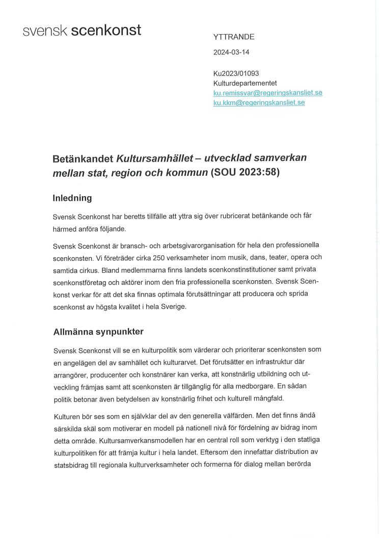 Yttrande över betänkandet ”Kultursamhället – utvecklad samverkan mellan stat, region och kommun” (SOU 2023:58)