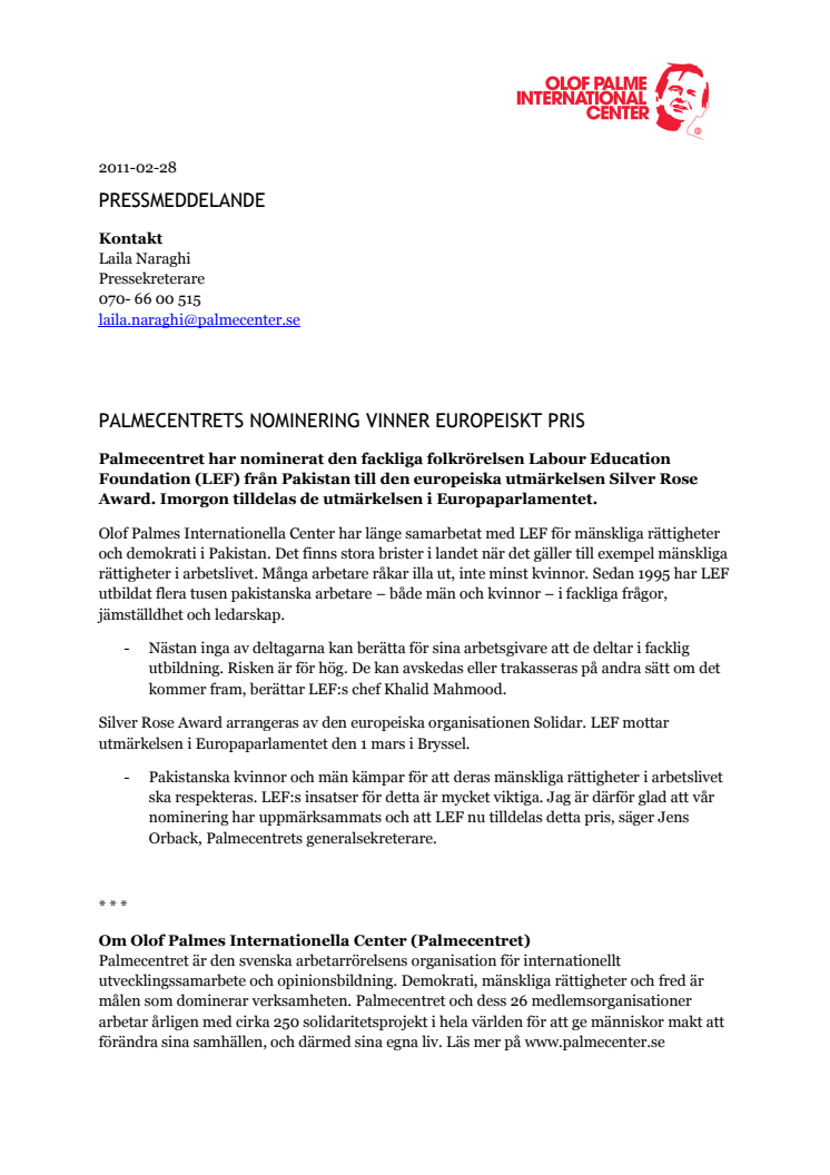 Palmecentrets nominering vinner europeiskt pris