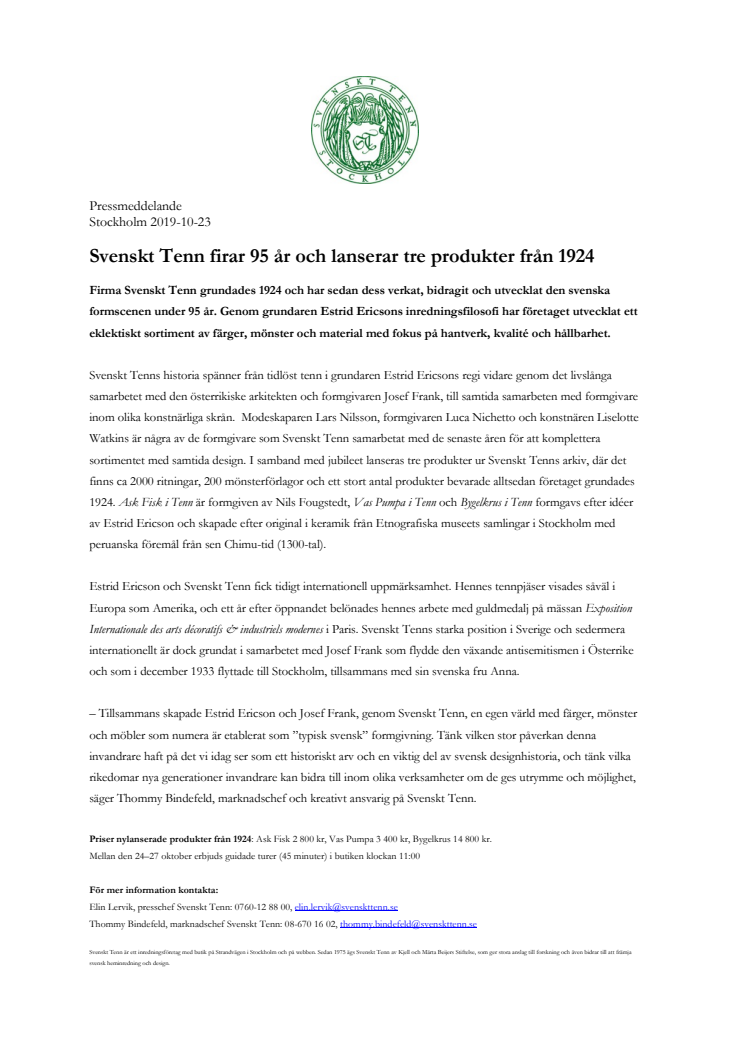 Svenskt Tenn firar 95 år och lanserar tre produkter från 1924