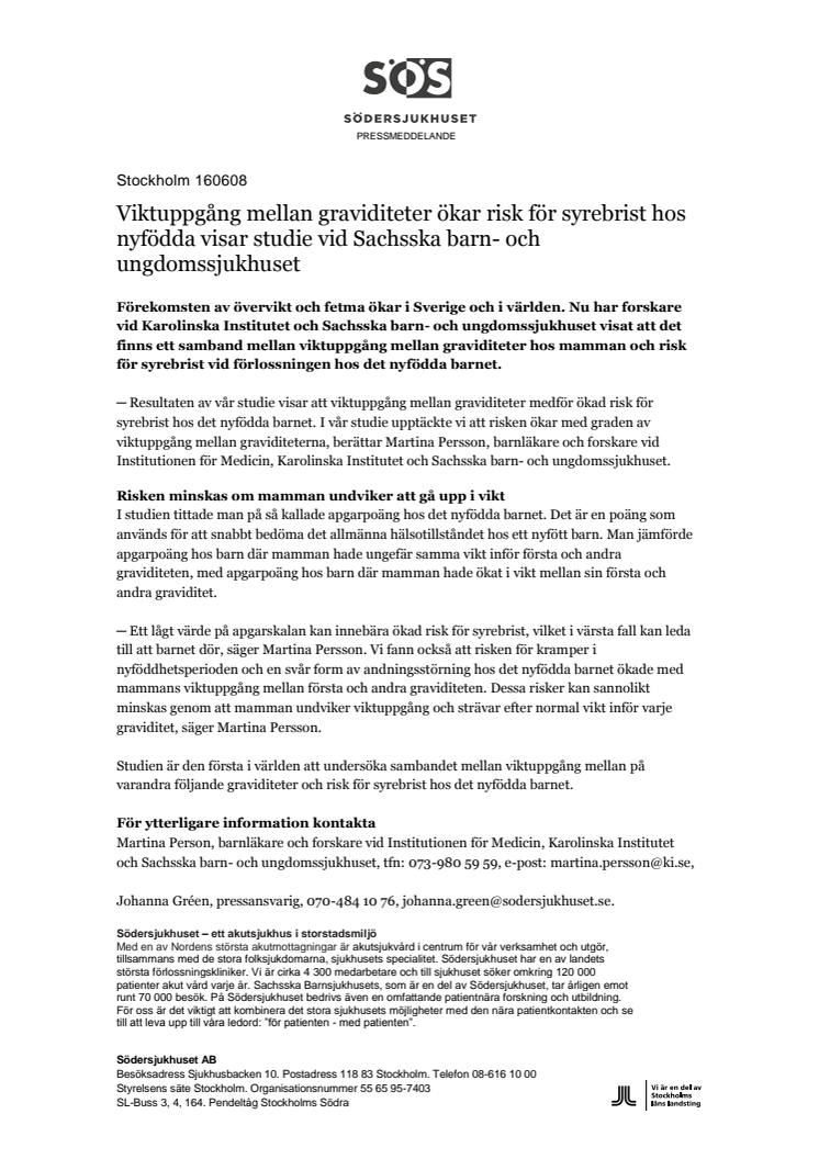 Viktuppgång mellan graviditeter ökar risk för syrebrist hos nyfödda visar studie vid Sachsska barn- och ungdomssjukhuset