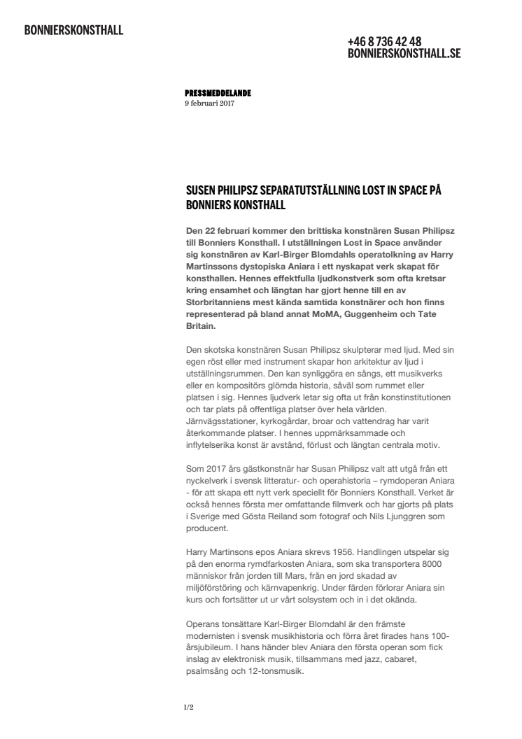 Pressvisning av Susan Philipsz soloutställning Lost in Space, måndag den 20 februari