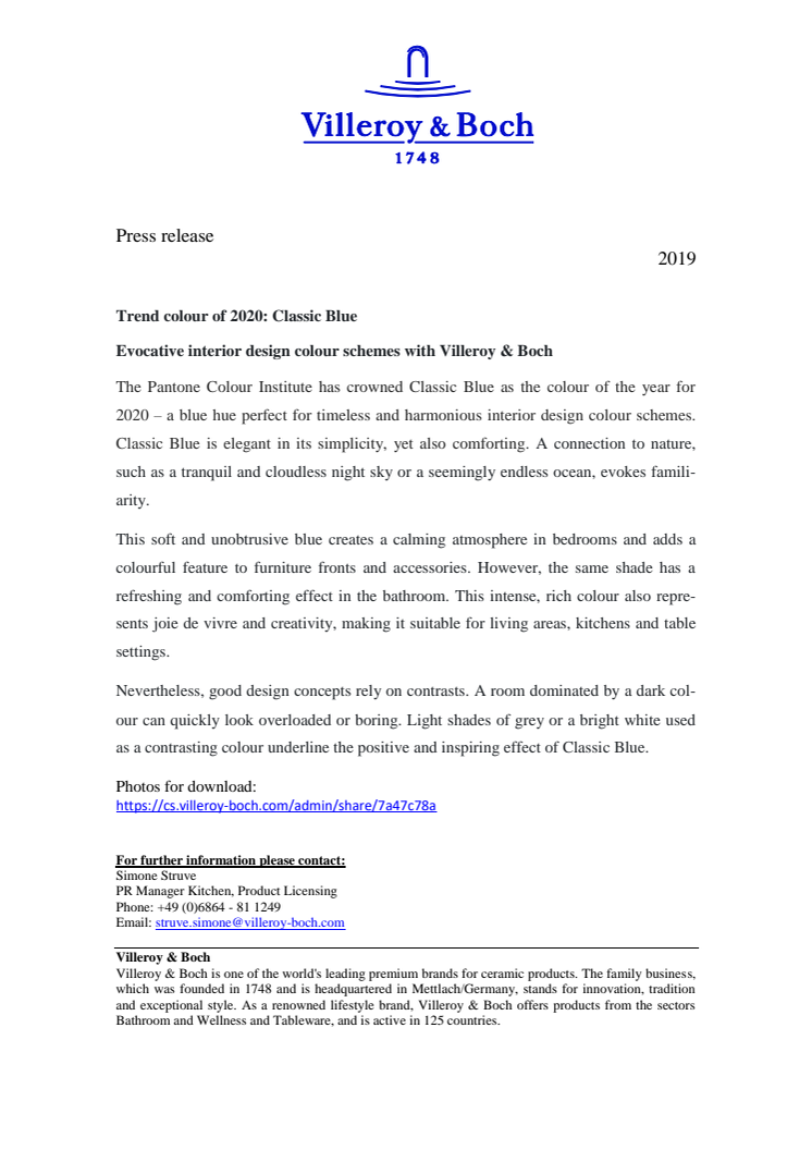 Trend colour of 2020: Classic Blue  Evocative interior design colour schemes with Villeroy & Boch