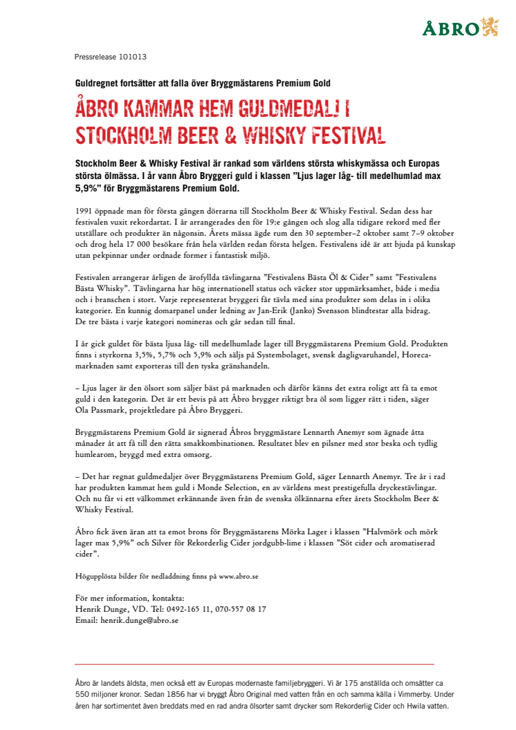 Åbro kammar hem guldmedalj i Stockholm Beer & Whisky Festival