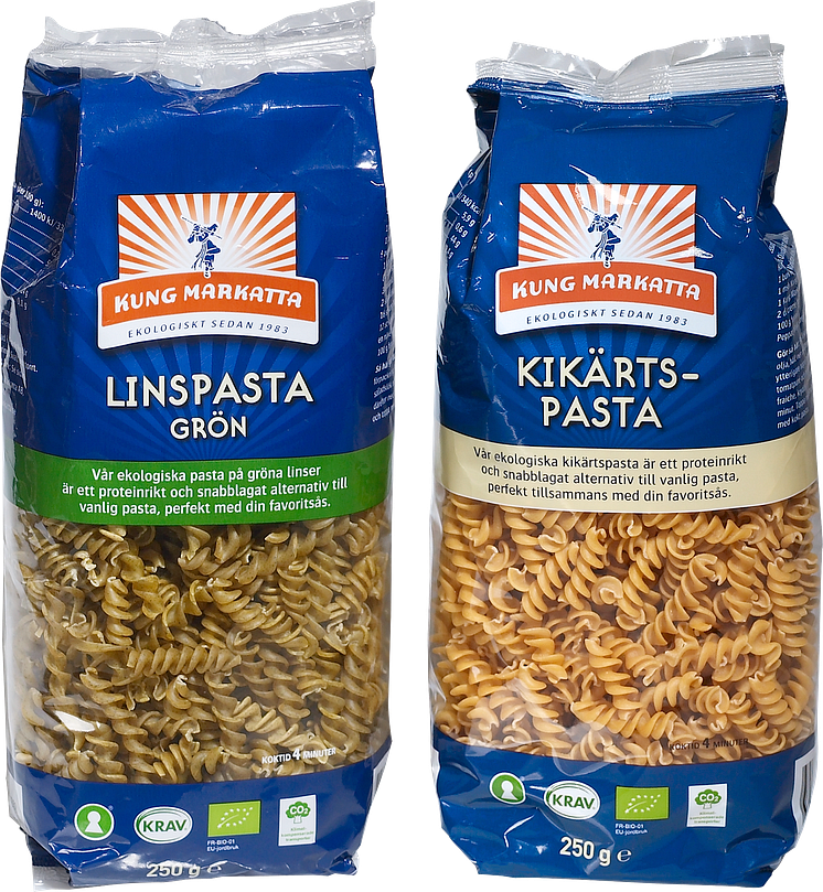 Kung Markatta lanserar KRAV-märkt,  ekologisk Kikärtspasta och Linspasta