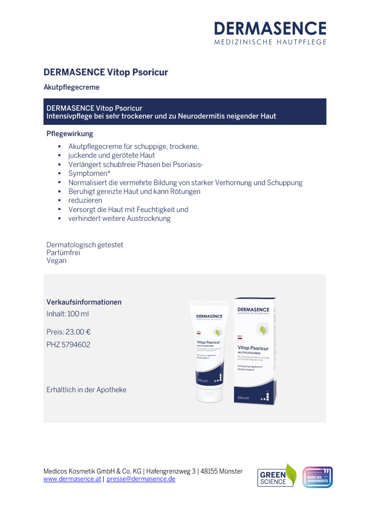 Factsheet AT: DERMASENCE Vitop Psoricur Akutpflegecreme