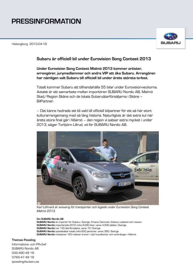 Subaru är officiell bil under Eurovision Song Contest 2013