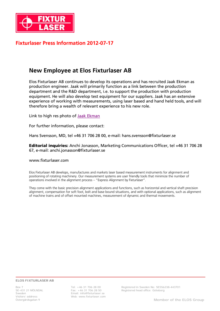 New Employee at Elos Fixturlaser