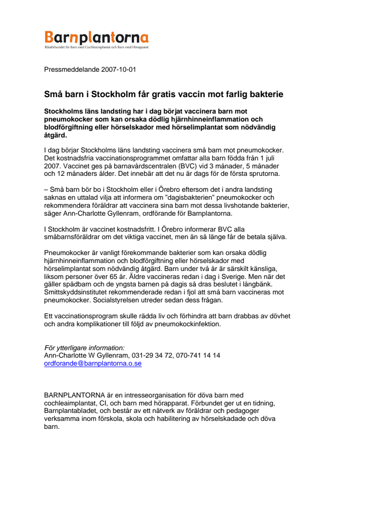 Små barn i Stockholm får gratis vaccin mot farlig bakterie
