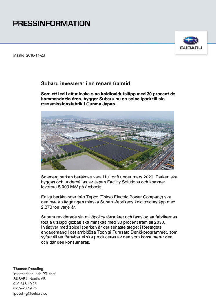 Subaru investerar i en renare framtid