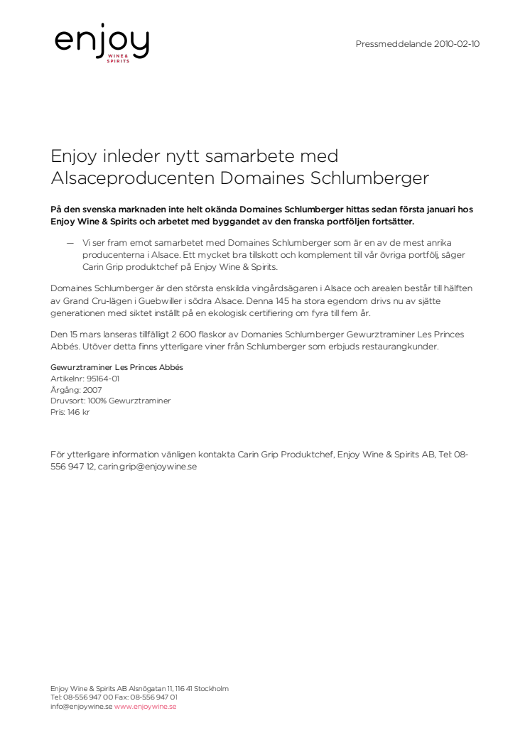 Enjoy inleder nytt samarbete med Alsaceproducenten Domaines Schlumberger