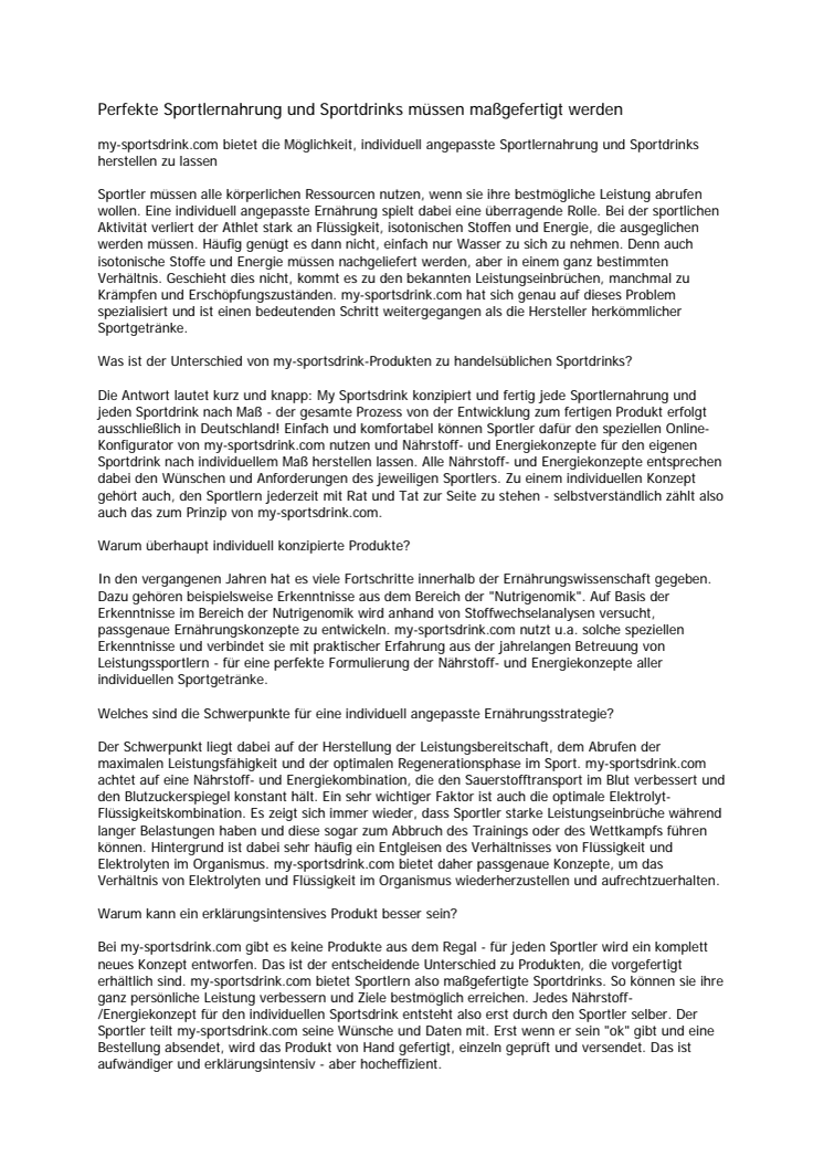 Perfekte Sportlernahrung und Sportdrinks müssen maßgefertigt werden