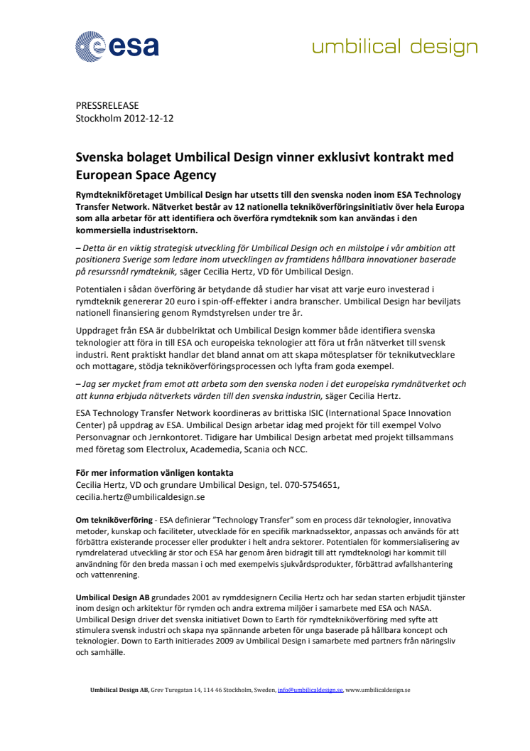 Svenska bolaget Umbilical Design vinner exklusivt kontrakt med European Space Agency