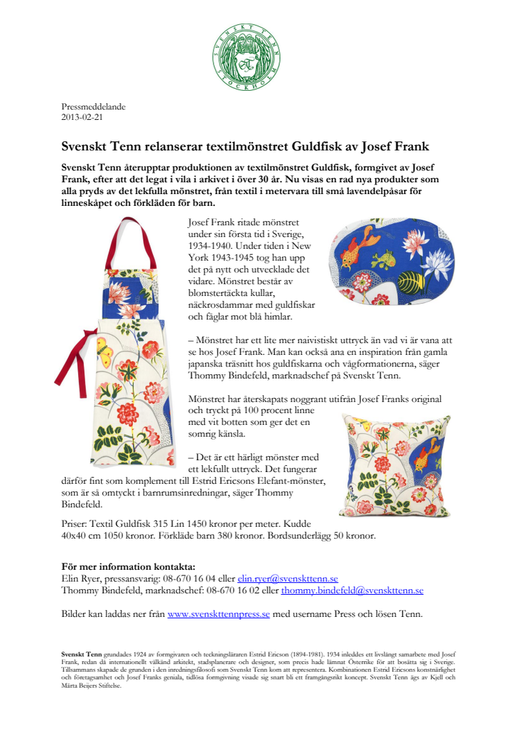 Svenskt Tenn relanserar textilmönstret Guldfisk av Josef Frank