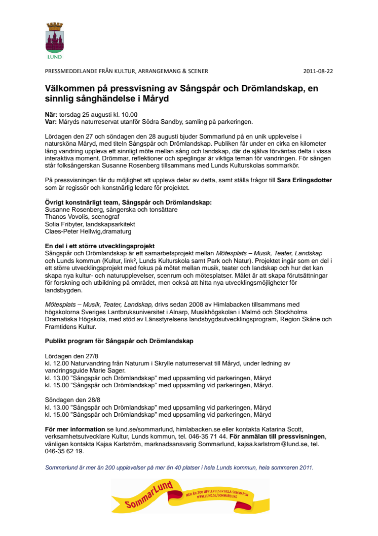 Välkommen på pressvisning av Sångspår och Drömlandskap, en sinnlig sånghändelse i Måryd