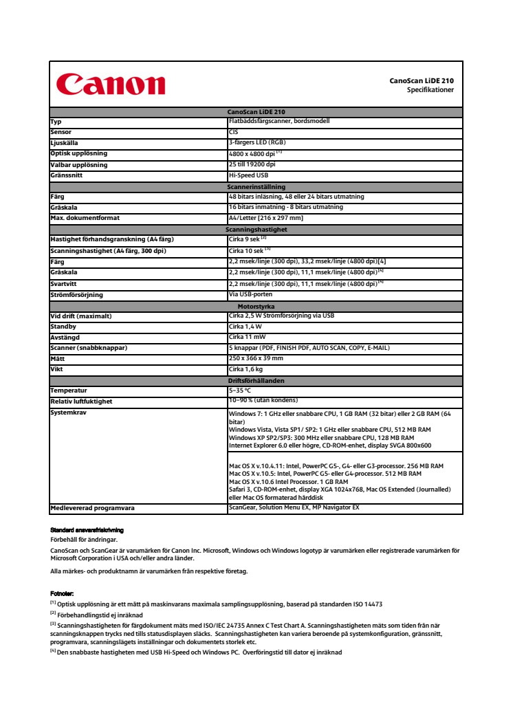 Tekniska data CanoScan LiDE 210