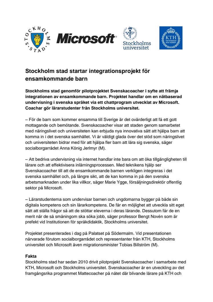 Anna König Jerlmyr: Stockholms stad startar integrationsprojekt för ensamkommande barn