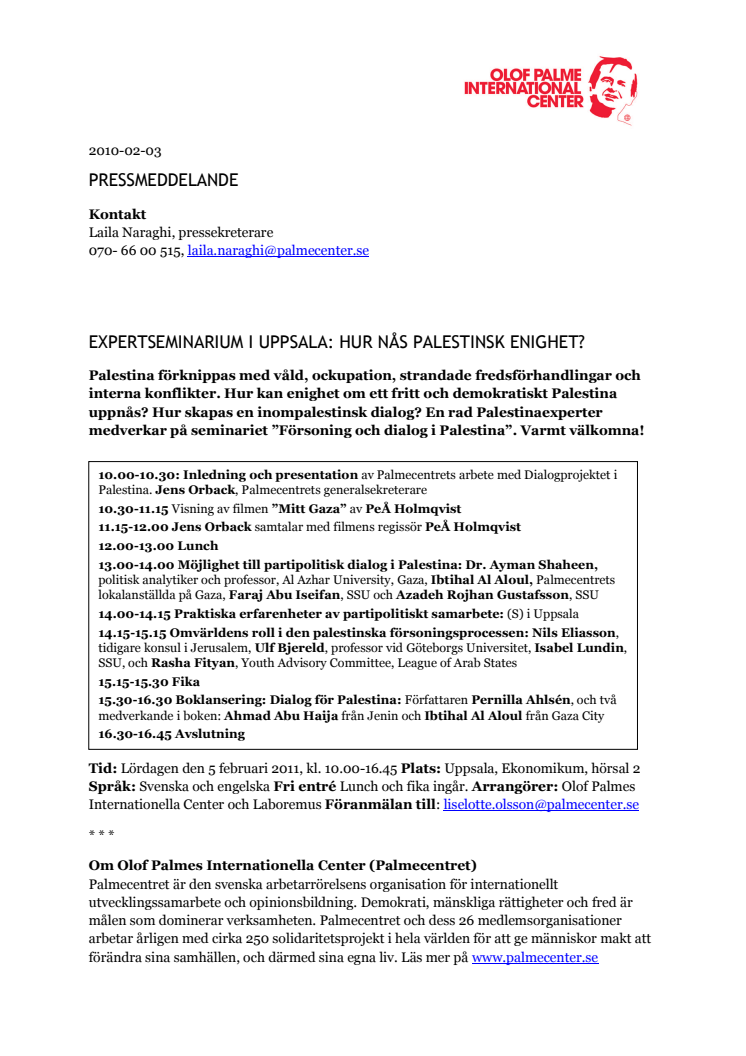 Expertseminarium i Uppsala: Hur nås palestinsk enighet?