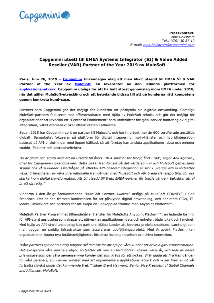 Capgemini utsett till EMEA Systems Integrator (SI) & Value Added Reseller (VAR) Partner of the Year 2019 av MuleSoft 