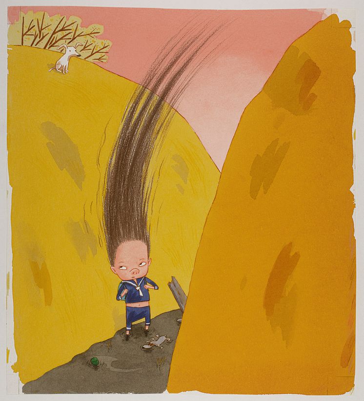 Pija Lindenbaum, Omslagsbild till boken Doris drar, akvarell, akryltusch och färgpenna, 2015.