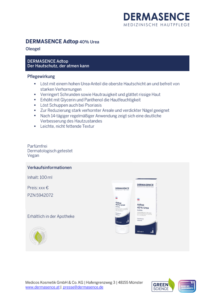 Factsheet AT: DERMASENCE Adtop 40% Urea Oleogel