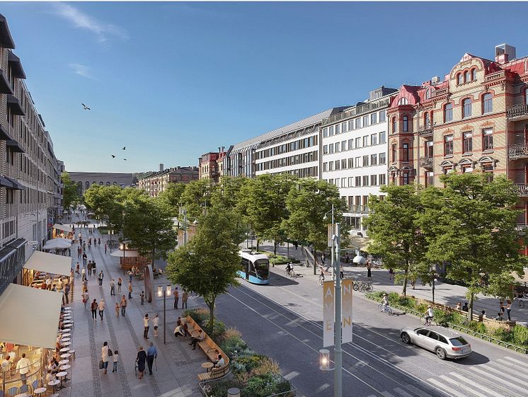 Avenyn Uteserveringar under markiser, grönska och sittplatser mellan gångstråk och gata Visionsbild Nyréns Arkitektkontor och Göteborgs Stad.jpg