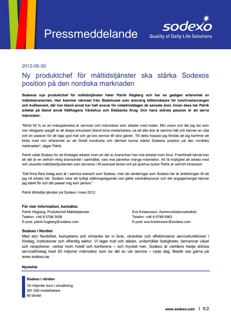 Ny produktchef för måltidstjänster ska stärka Sodexos position på den nordiska marknaden