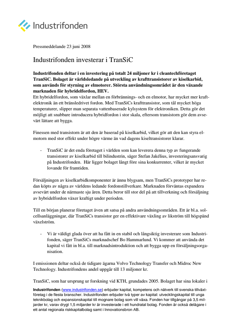 Industrifonden investerar i TranSiC 