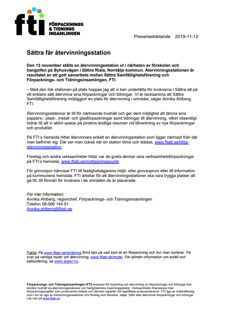 Sättra får återvinningsstation
