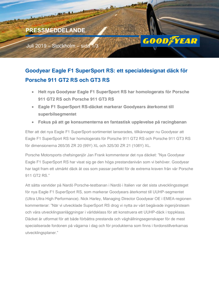 Goodyear Eagle F1 SuperSport RS: ett specialdesignat däck för Porsche 911 GT2 RS och GT3 RS 