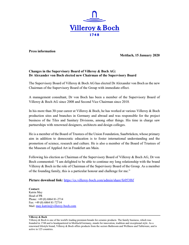 Changes in the Supervisory Board of Villeroy & Boch AG: Dr Alexander von Boch elected new Chairman of the Supervisory Board