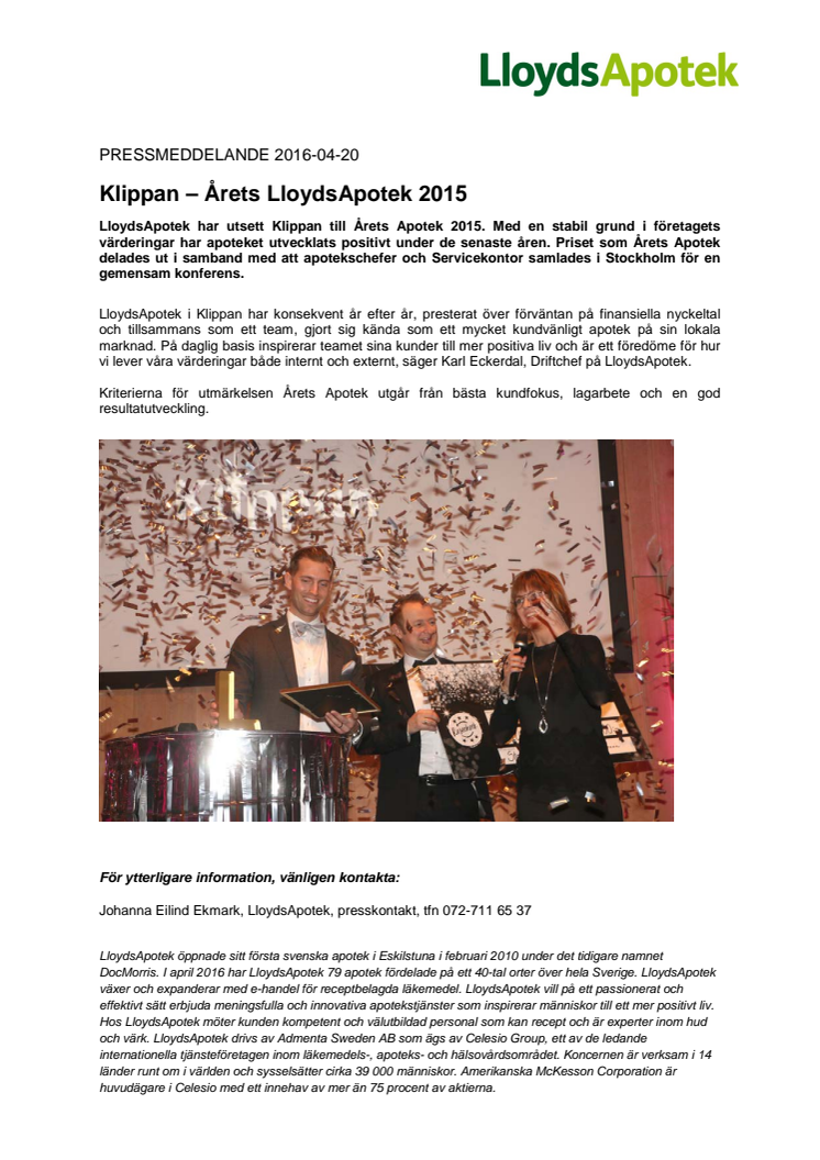 Klippan – Årets LloydsApotek 2015