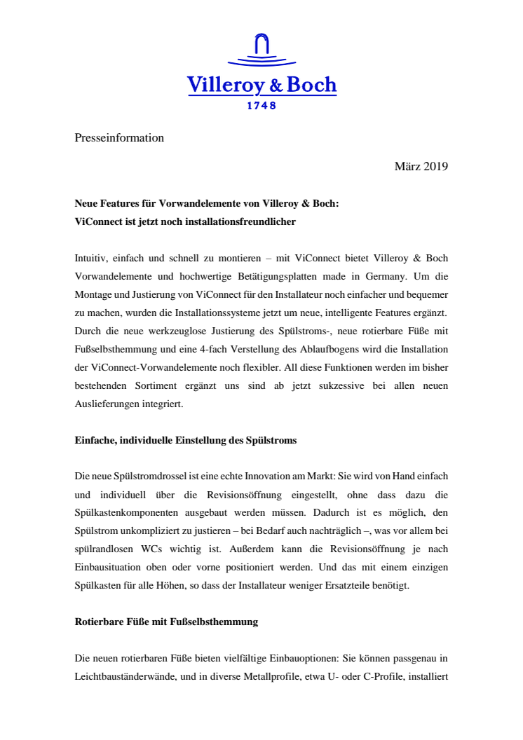 Neue Features für Vorwandelemente von Villeroy & Boch:  ViConnect ist jetzt noch installationsfreundlicher