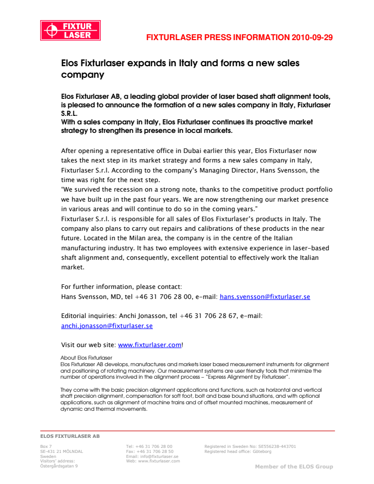 Elos Fixturlaser expands in Italy and forms a new sales company