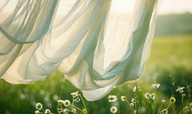 Vitt tyg som fladdrar i vinden med en blomäng som bakgrund