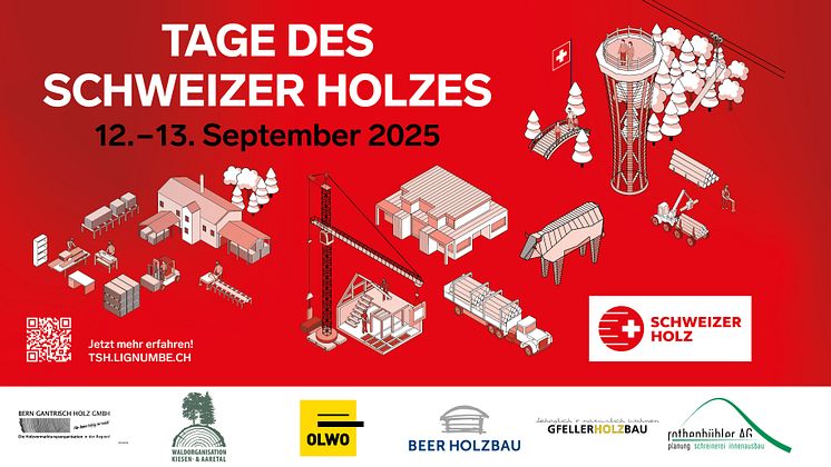 Key Visual Tage des Schweizer Holzes mit den beteiligten Betrieben im Cluster Bern.
