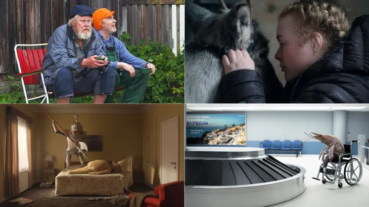 Kollage med fyra filmscener: två personer utomhus, en person med en ren, en rustningsklädd figur och en räkliknande varelse
