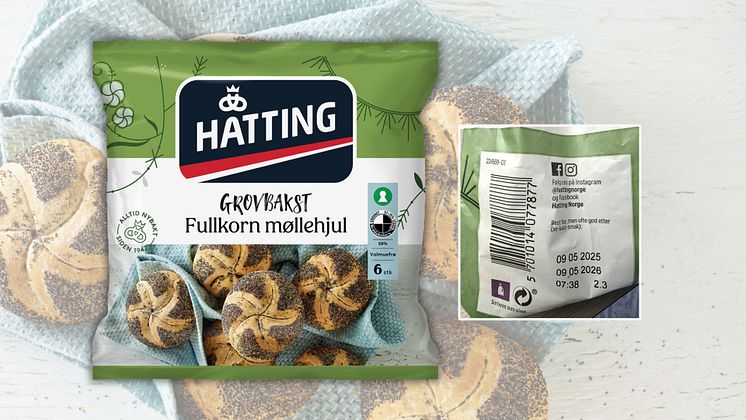 Pose med Hatting Fullkorn møllehjul og etikett fra baksiden av posen med produksjons- og "Best før"-dato