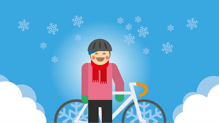 Illustration som visar en person med en cykel och cykelhjälm mot blå bakgrund och vita snöflingor.