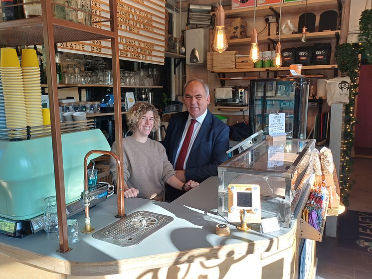 Leafy Bean owner Laura Monk and MP Bambos Charalambous is hoping passengers will vote for the Bowes Park
