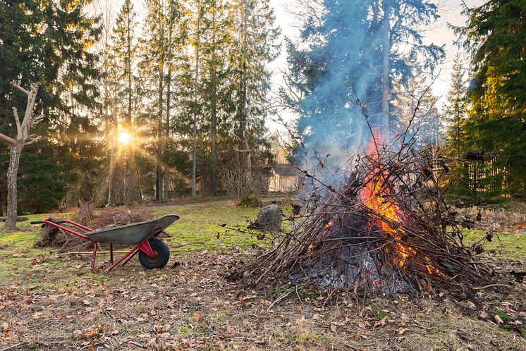 Elda mp14074571-fire-during-cleanup-of-garden-with-sun-setting-and-an-old-wheelbarrow.jpg