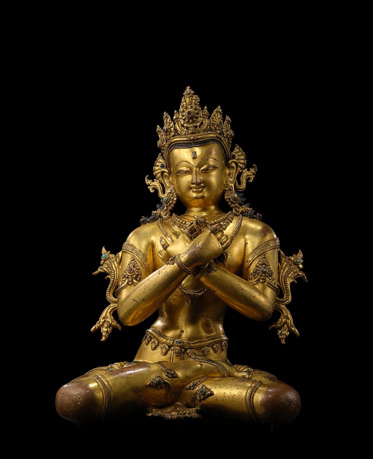 lot 12 - A large gilt copper alloy figure of the Vajradhara, Nepal, 14th century, 40cm high. 尼泊爾 馬拉王朝早期 十四世紀 銅鎏金金剛總持像.jpg